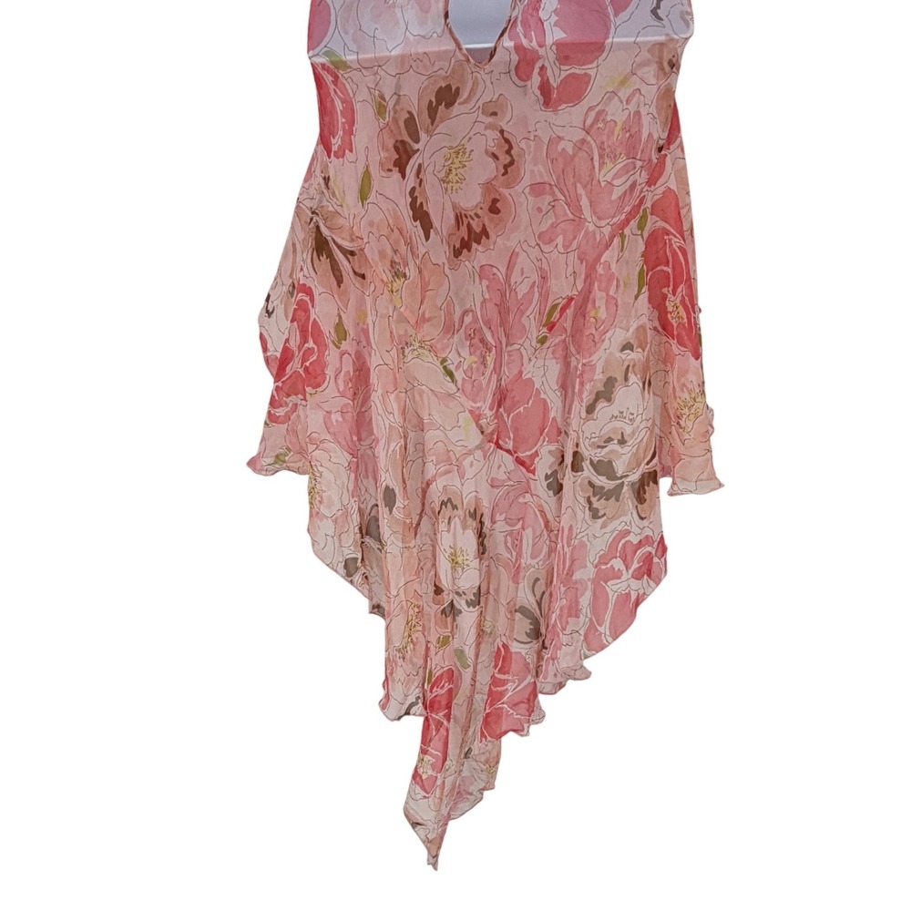 Pink Floral Halter Neck Asymmetrical Ruffle Hem Chiffon Dress Y2K Fairycore - Picture 3 of 5